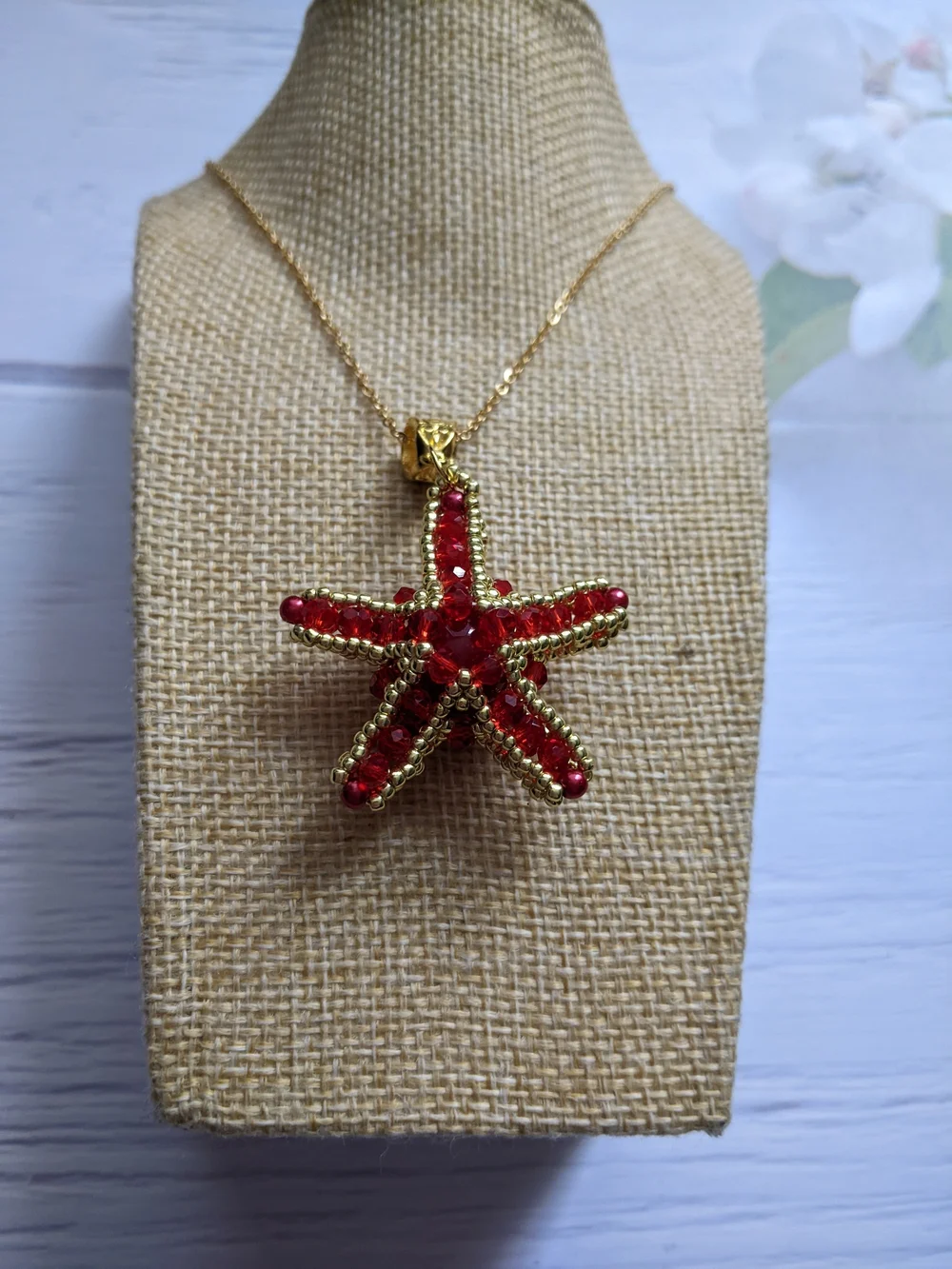 Gold Starfish Pendant Necklace with Red Crystal Accents - Women Jewelry